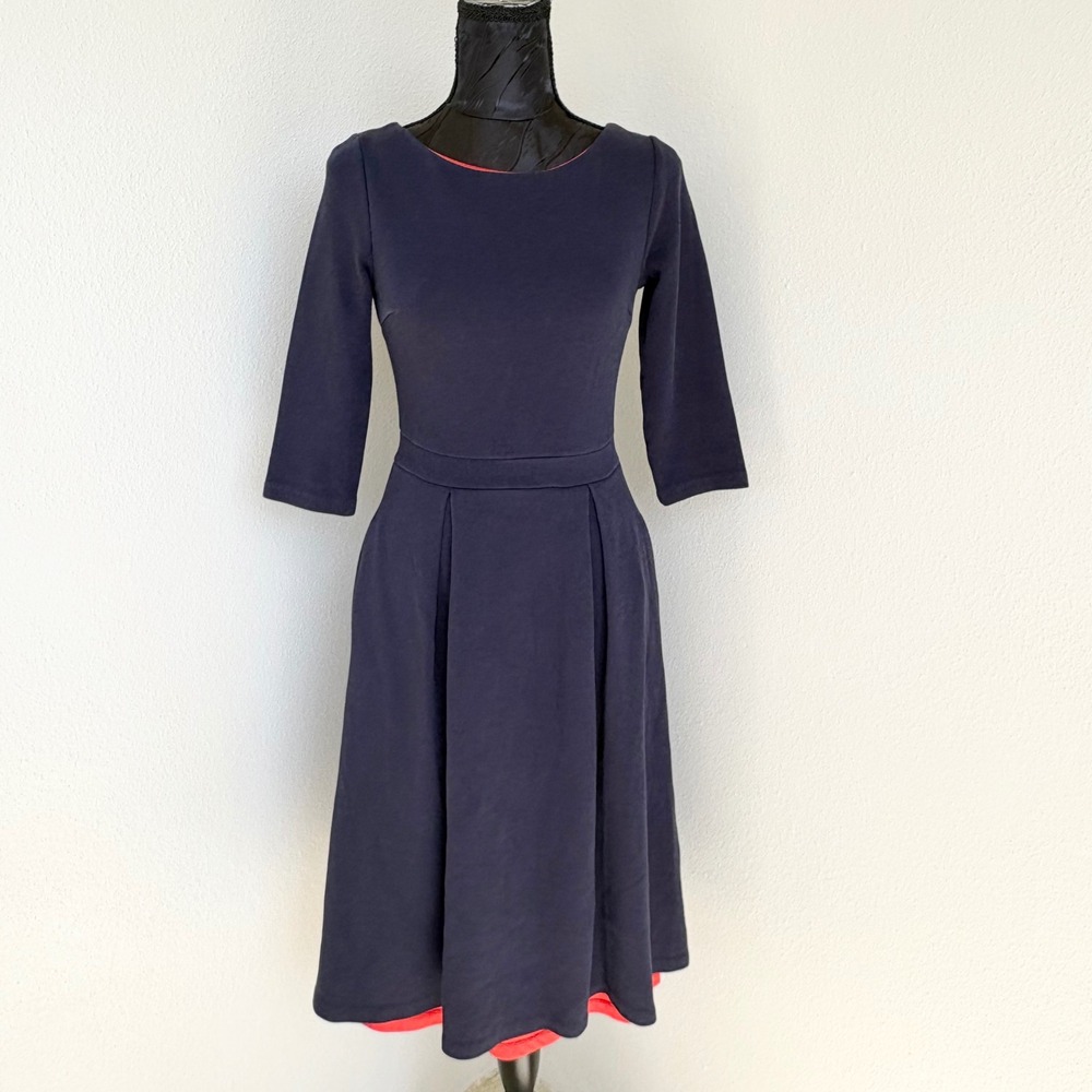 Boden Fit & Flare Dress 3/4 Sleeve Pleated Back Zip, Women US 6R Navy Blue